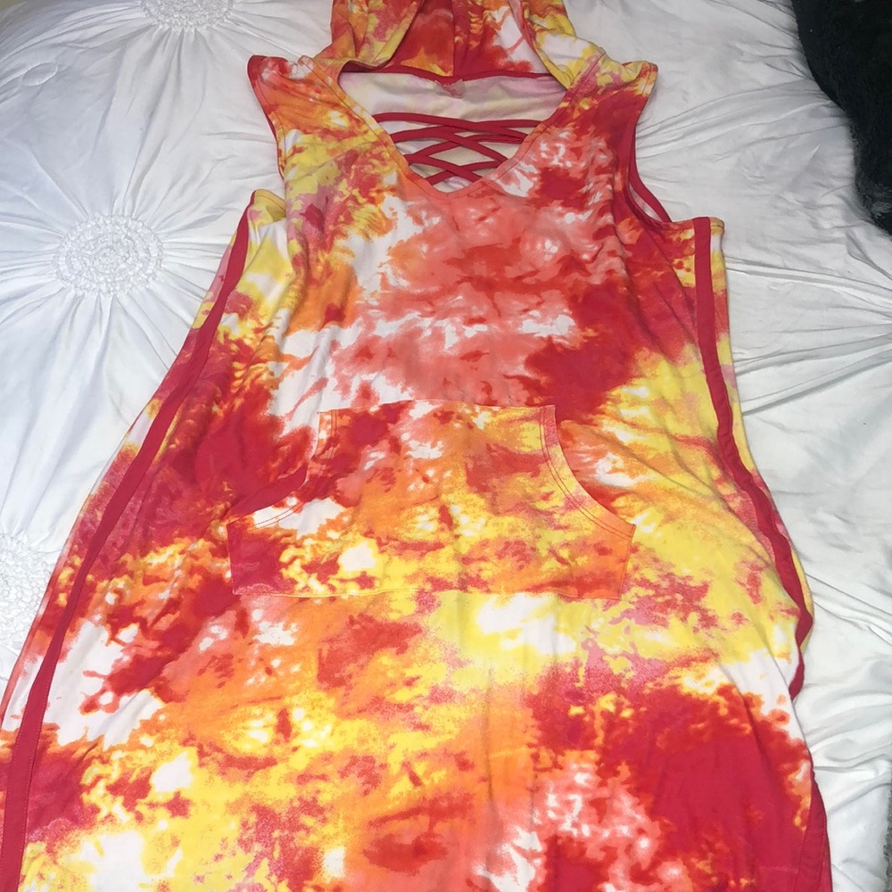 Tye-Dye Dress, pink, orange and yellow - stretchy fit, with hood and pockets